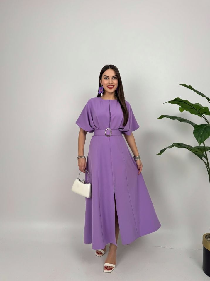 2056 ATLAS KUMAŞ KEMERLİ ELBİSE LİLAC - LİLA