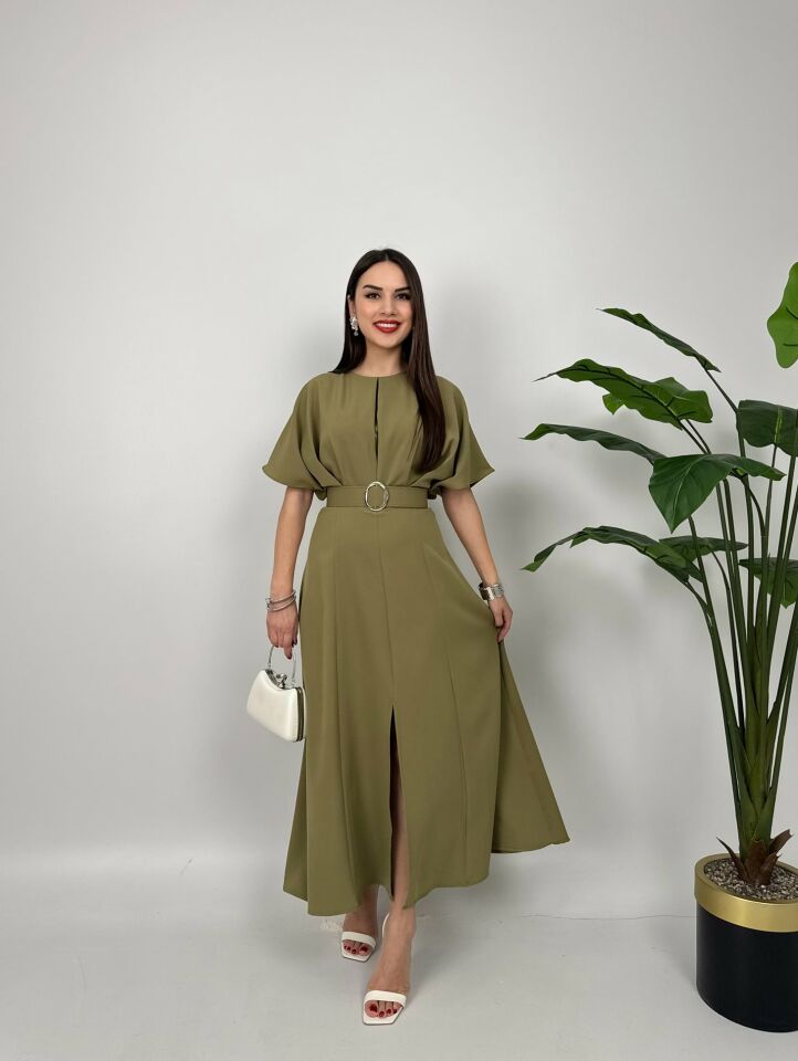 2056 ATLAS KUMAŞ KEMERLİ ELBİSE KHAKİ - HAKİ