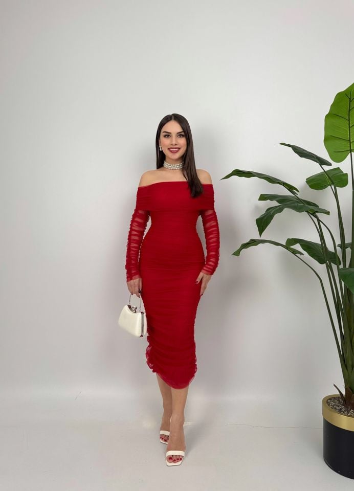 003_2067 STRAPLEZ BÜZGÜLÜ UZUN KOL TÜL ELBİSE RED - KIRMIZI
