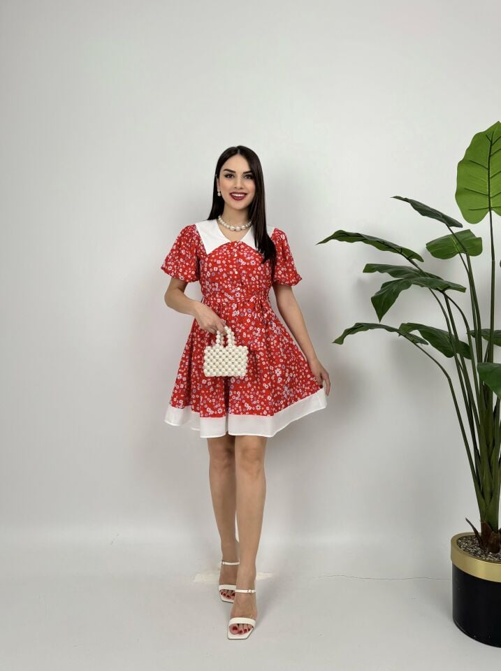 011_2088 YAKA DETAY KREP MİNİ ELBİSE RED - KIRMIZI