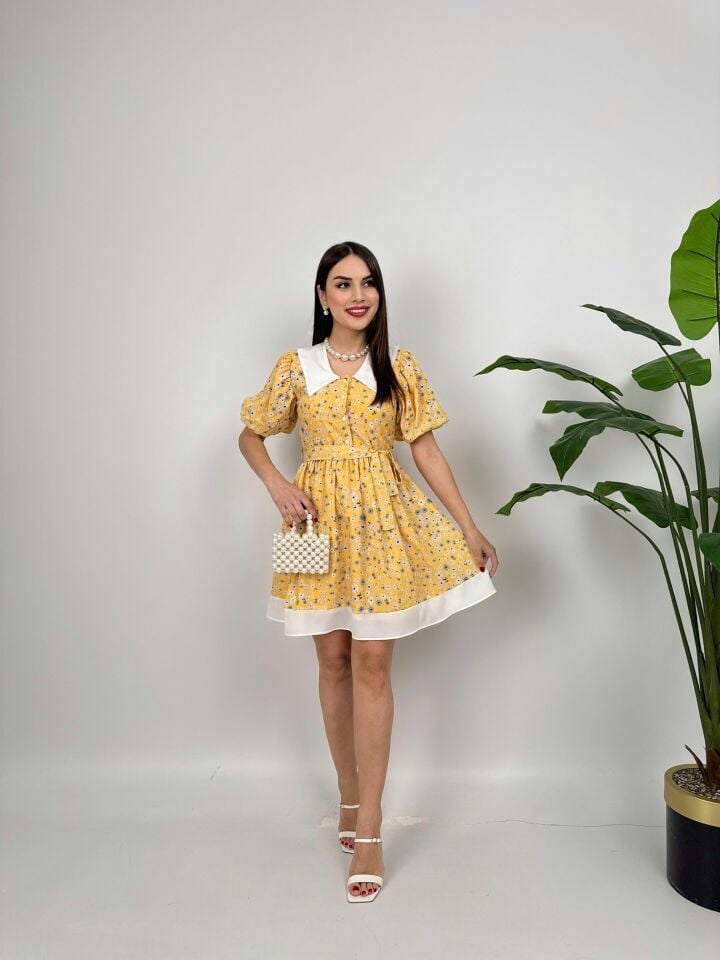 011_2088 YAKA DETAY KREP MİNİ ELBİSE YELLOW - SARI