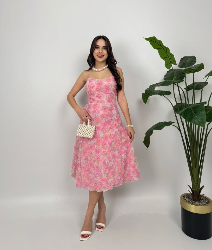 2081 İTHAL GÜL DESEN ELBİSE PEMBE