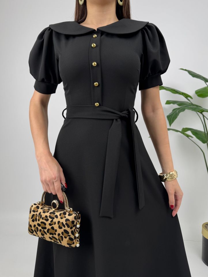 2111 BEBE YAKA KUŞAKLI MİDİ ELBİSE BLACK - SİYAH