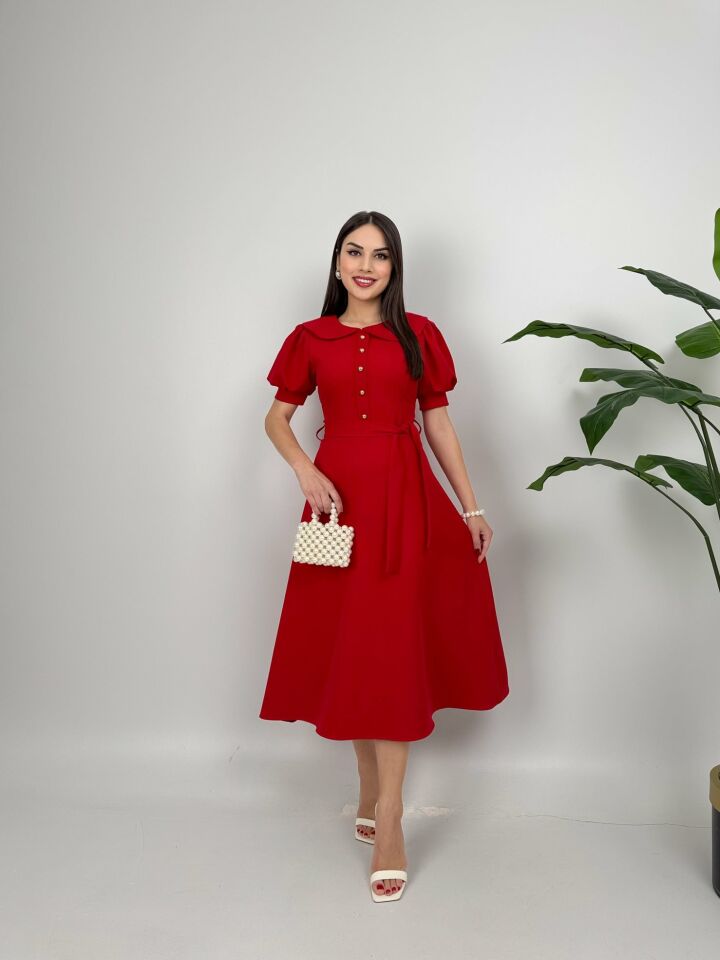 2111 BEBE YAKA KUŞAKLI MİDİ ELBİSE RED - KIRMIZI