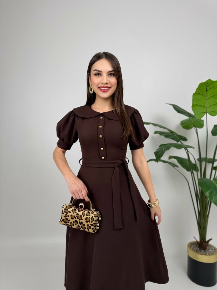 2111 BEBE YAKA KUŞAKLI MİDİ ELBİSE BROWN - KAHVE