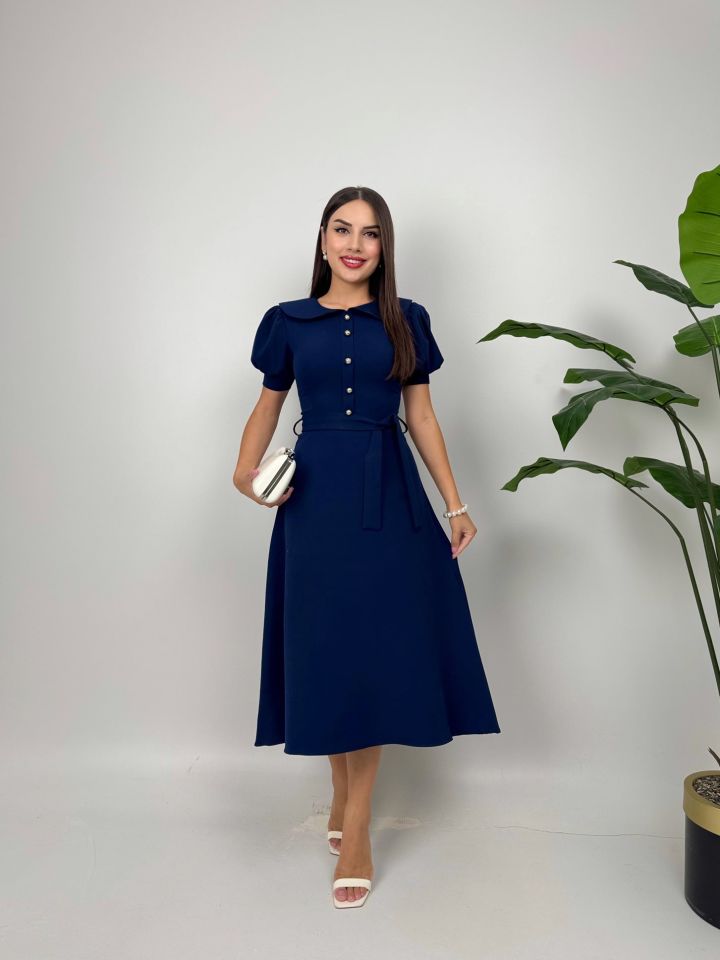 2111 BEBE YAKA KUŞAKLI MİDİ ELBİSE NAVY BLUE - LACİVERT