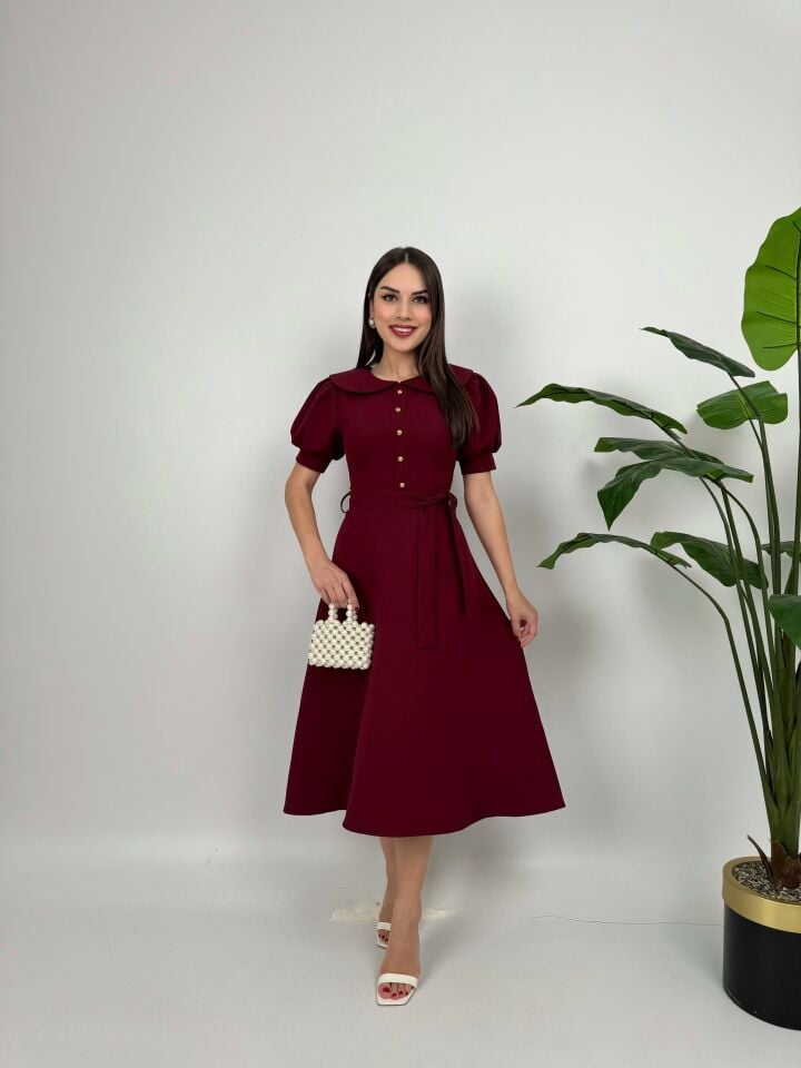 2111 BEBE YAKA KUŞAKLI MİDİ ELBİSE BURGUNDY - BORDO