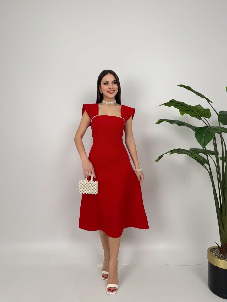 2117 GÖĞÜSÜ ŞERİT İNCİ DETAY ELBİSE RED - KIRMIZI