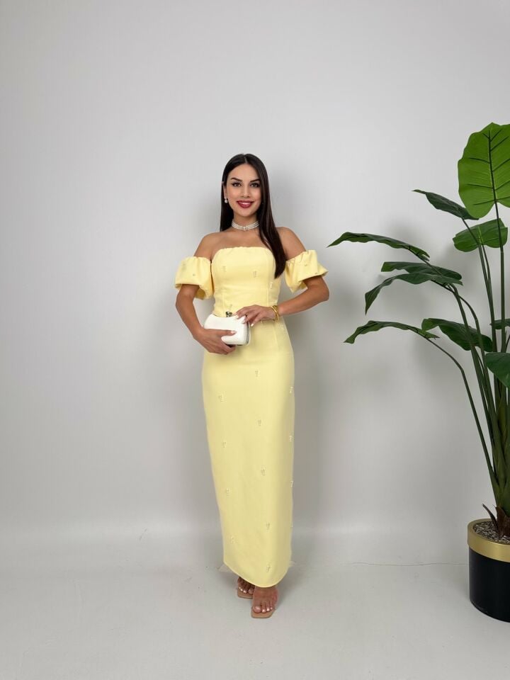 024_2125 ÖNLER İNCİ DETAY TASARIM ELBİSE YELLOW - SARI