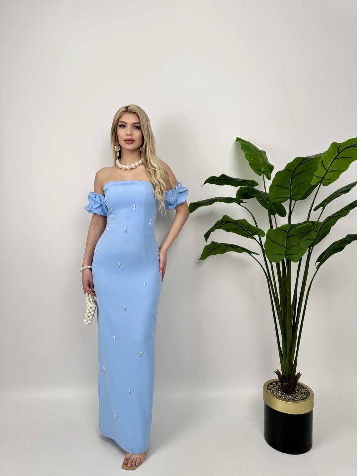 024_2125 ÖNLER İNCİ DETAY TASARIM ELBİSE BLUE - MAVİ
