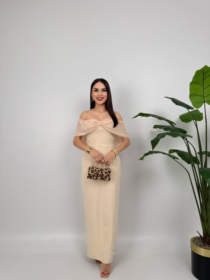2091 STRAPLEZ ŞİFON GARNİLİ ATLAS GLOPLU ELBİSE TAŞ