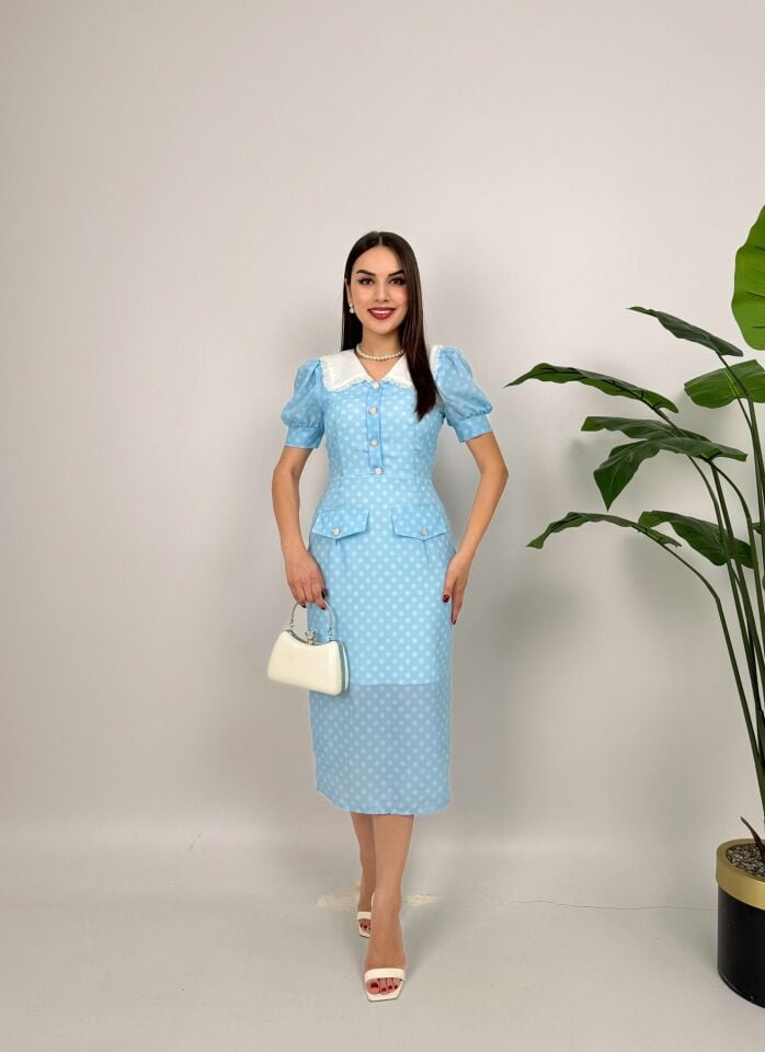 027_2144 YAKA DANTEL DETAY PUANTİYELİ ELBİSE BABY BLUE - BEBE MAVİ