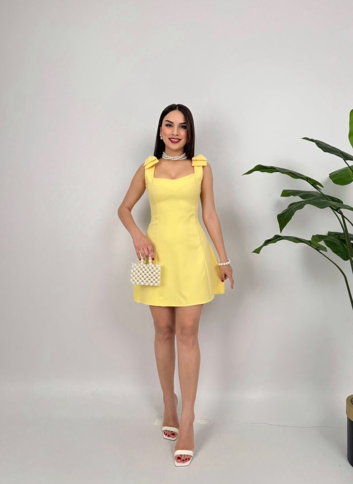 012_3001 OMUZDAN FİYONKLU MİNİ ELBİSE YELLOW - SARI
