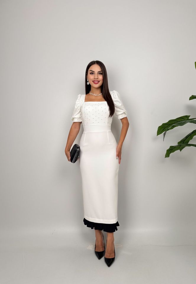 002_3005 İNCİ DETAYLI ELBİSE WHİTE - BEYAZ