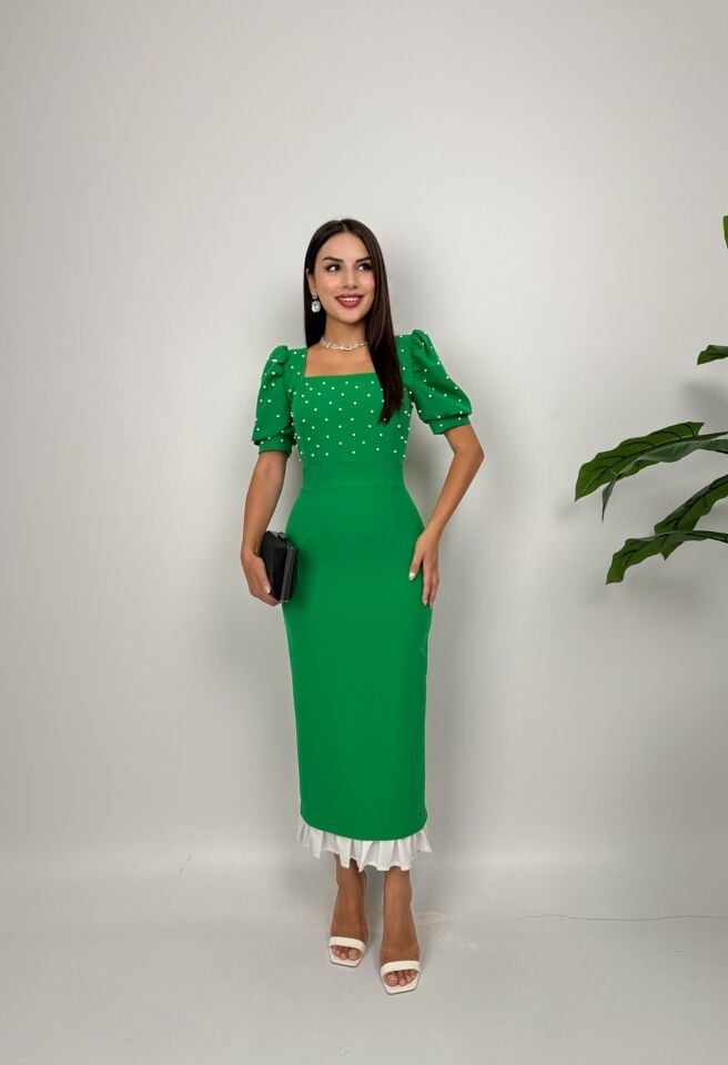 002_3005 İNCİ DETAYLI ELBİSE GREEN - YEŞİL