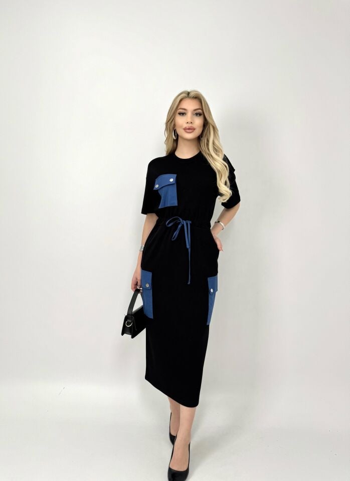 002_3006 BELDEN LASTİKLİ ELBİSE BLACK - SİYAH