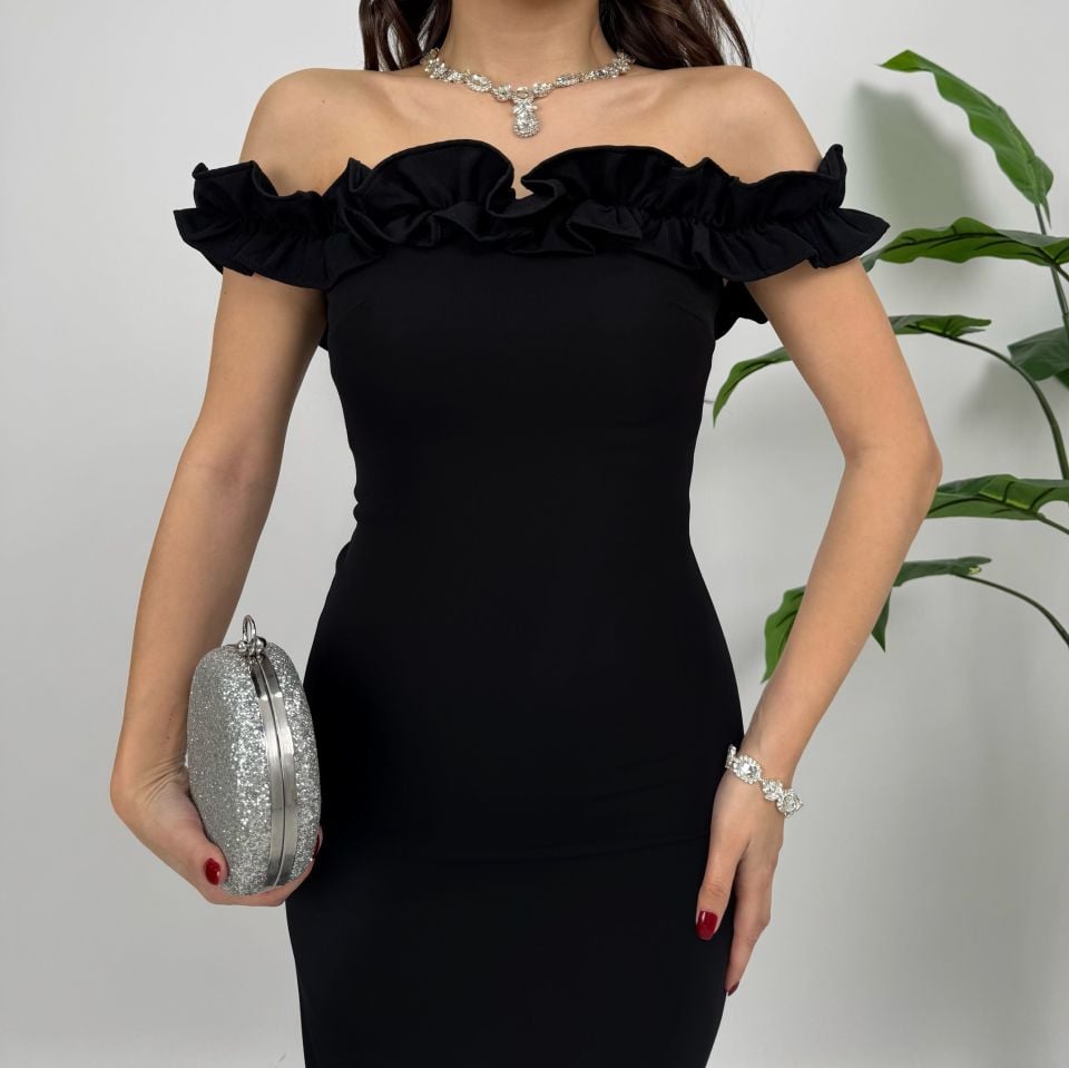 015_3021 GÖĞÜS BÜZGÜLÜ ELBİSE BLACK - SİYAH