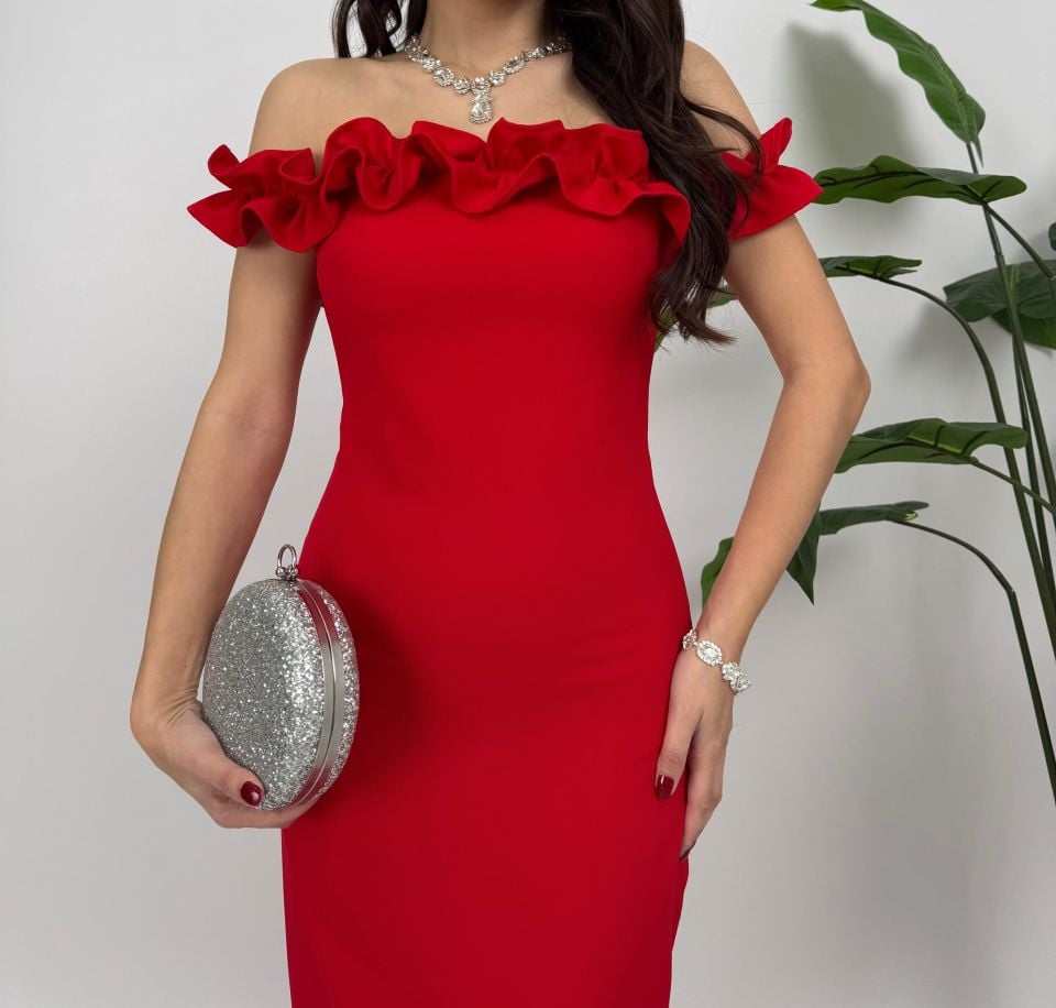 015_3021 GÖĞÜS BÜZGÜLÜ ELBİSE RED - KIRMIZI
