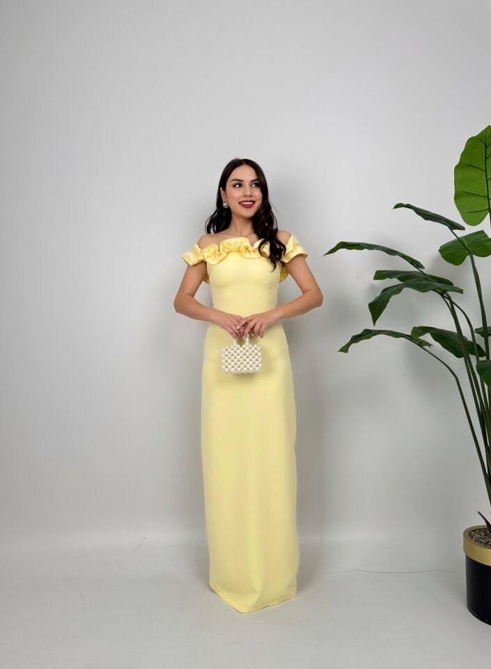 015_3021 GÖĞÜS BÜZGÜLÜ ELBİSE YELLOW - SARI