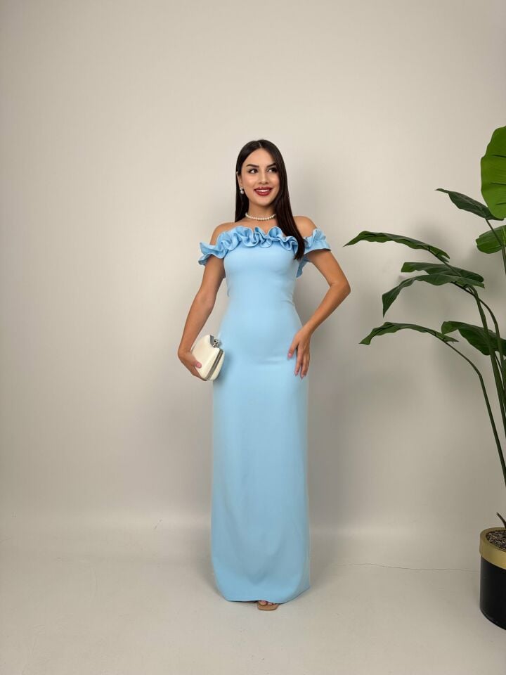 015_3021 GÖĞÜS BÜZGÜLÜ ELBİSE BLUE - MAVİ