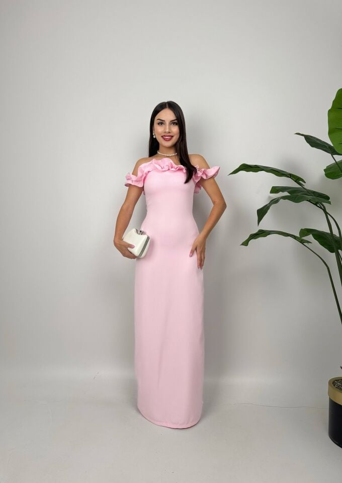 015_3021 GÖĞÜS BÜZGÜLÜ ELBİSE PİNK - PEMBE