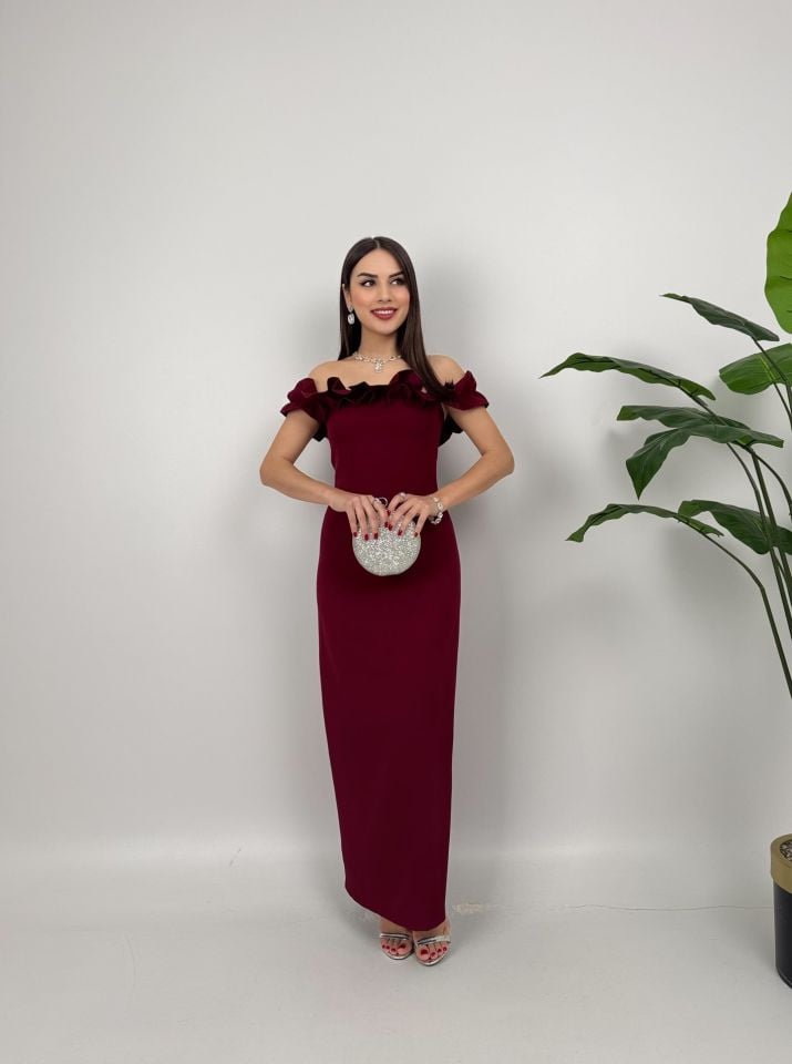 015_3021 GÖĞÜS BÜZGÜLÜ ELBİSE BURGUNDY - BORDO