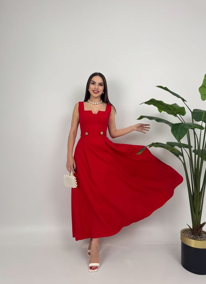 028_3023 KEMERİ DÜĞMELİ ELBİSE RED - KIRMIZI