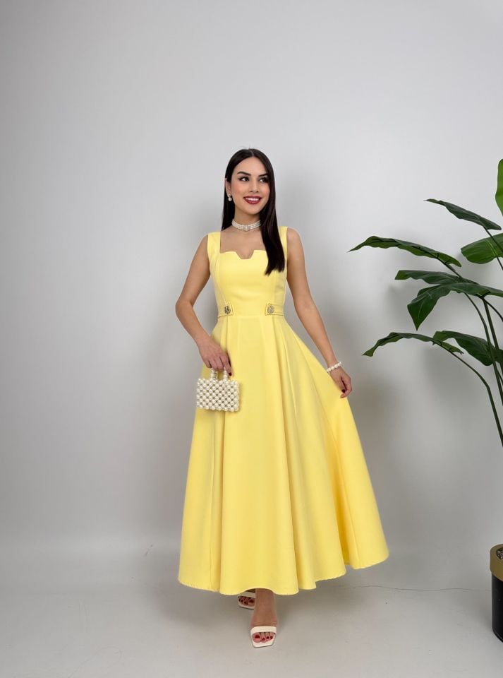 028_3023 KEMERİ DÜĞMELİ ELBİSE YELLOW - SARI