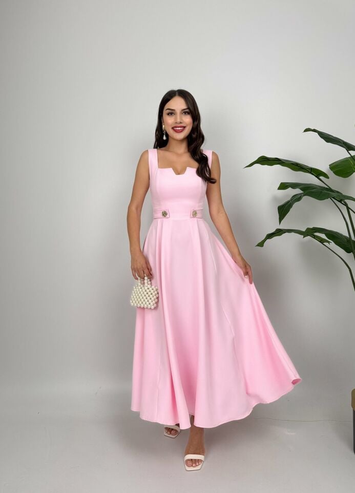 028_3023 KEMERİ DÜĞMELİ ELBİSE PİNK - PEMBE