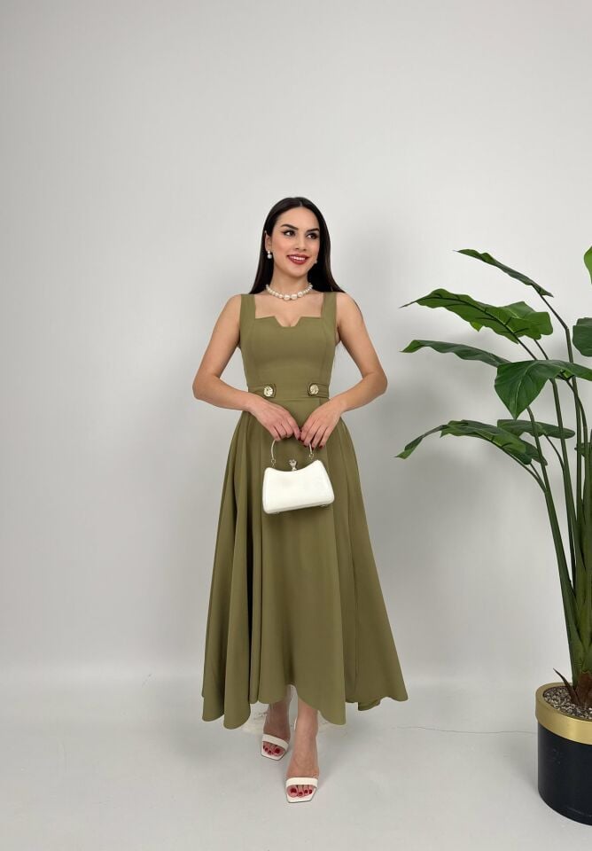 028_3023 KEMERİ DÜĞMELİ ELBİSE KHAKİ - HAKİ