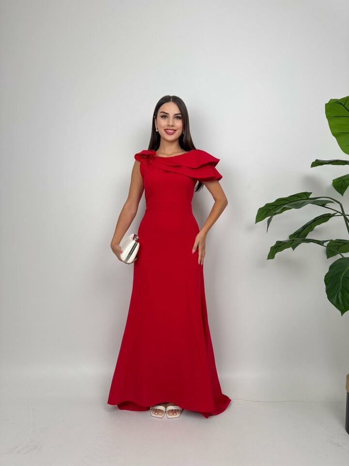 037_3025 OMUZ FIRFIRLI GÜLLÜ ELBİSE RED - KIRMIZI