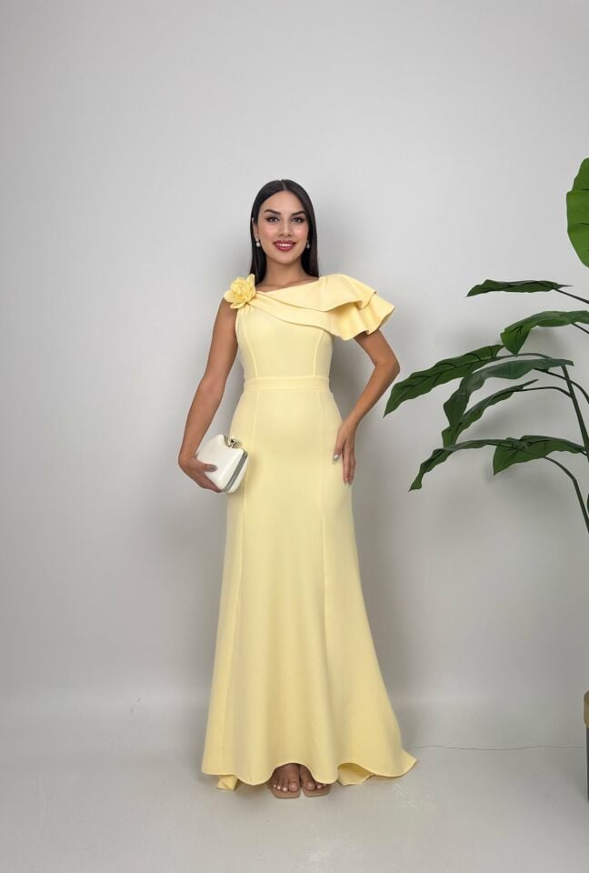 037_3025 OMUZ FIRFIRLI GÜLLÜ ELBİSE YELLOW - SARI