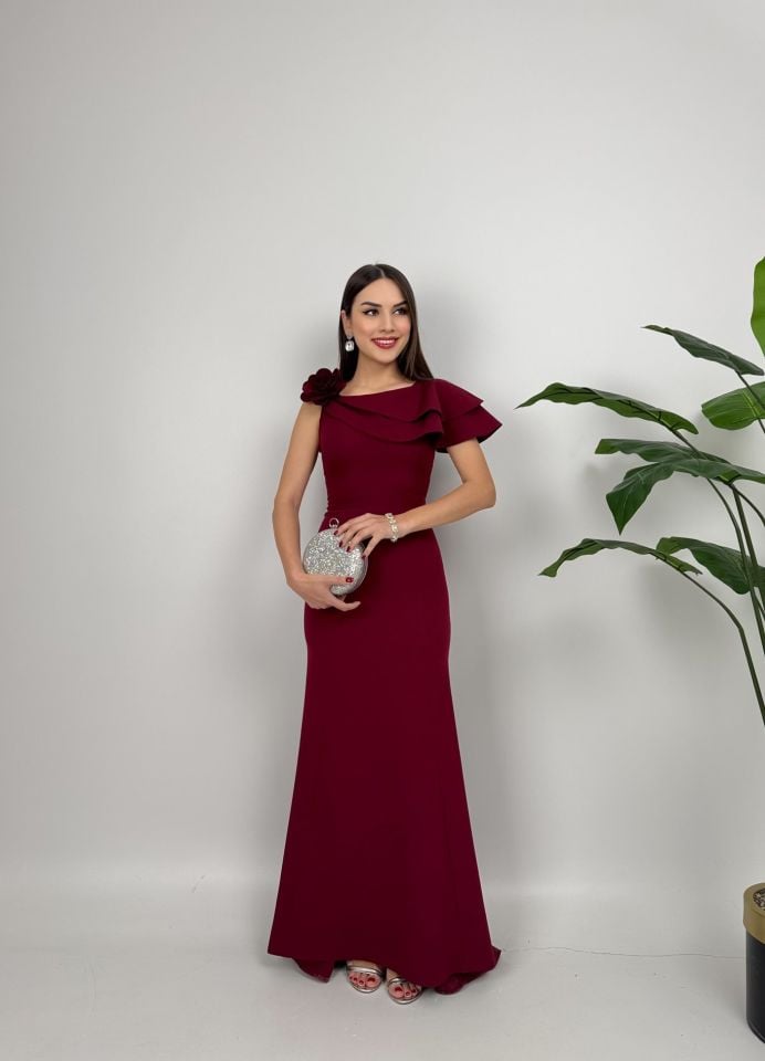 037_3025 OMUZ FIRFIRLI GÜLLÜ ELBİSE BURGUNDY - BORDO