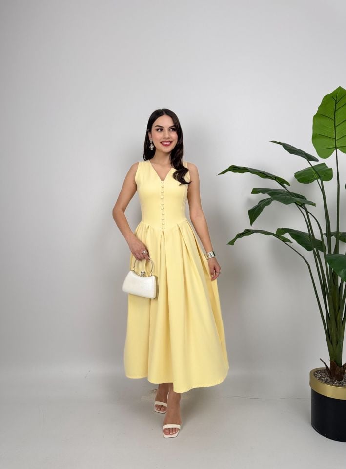 015_3031 KOLSUZ ÖNDEN DÜĞMELİ ELBİSE YELLOW - SARI