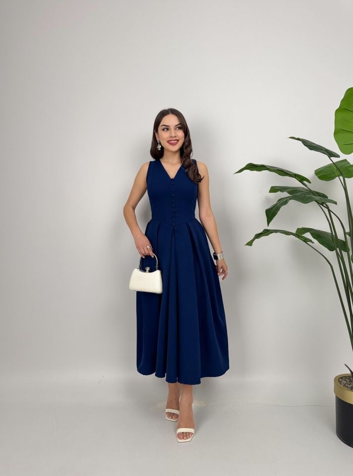 015_3031 KOLSUZ ÖNDEN DÜĞMELİ ELBİSE NAVY BLUE - LACİVERT