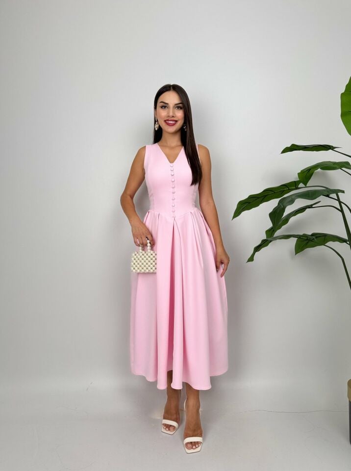 015_3031 KOLSUZ ÖNDEN DÜĞMELİ ELBİSE PİNK - PEMBE