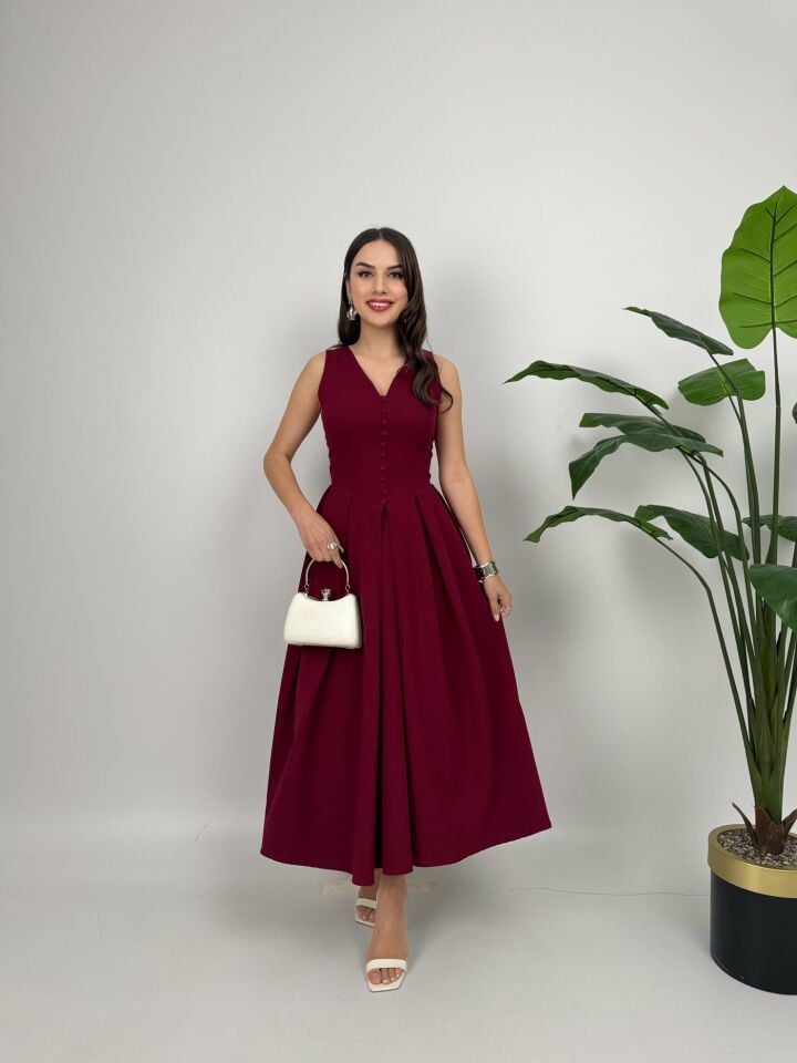 015_3031 KOLSUZ ÖNDEN DÜĞMELİ ELBİSE BURGUNDY - BORDO