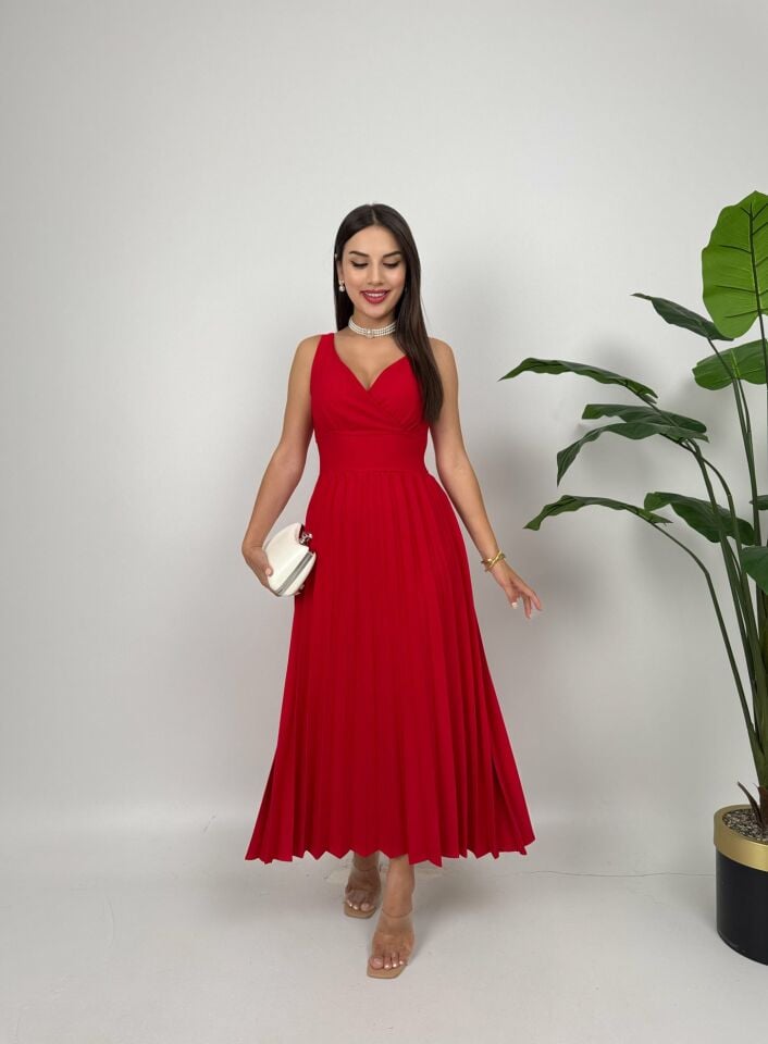 015_3038 PLİSELİ ELBİSE RED - KIRMIZI
