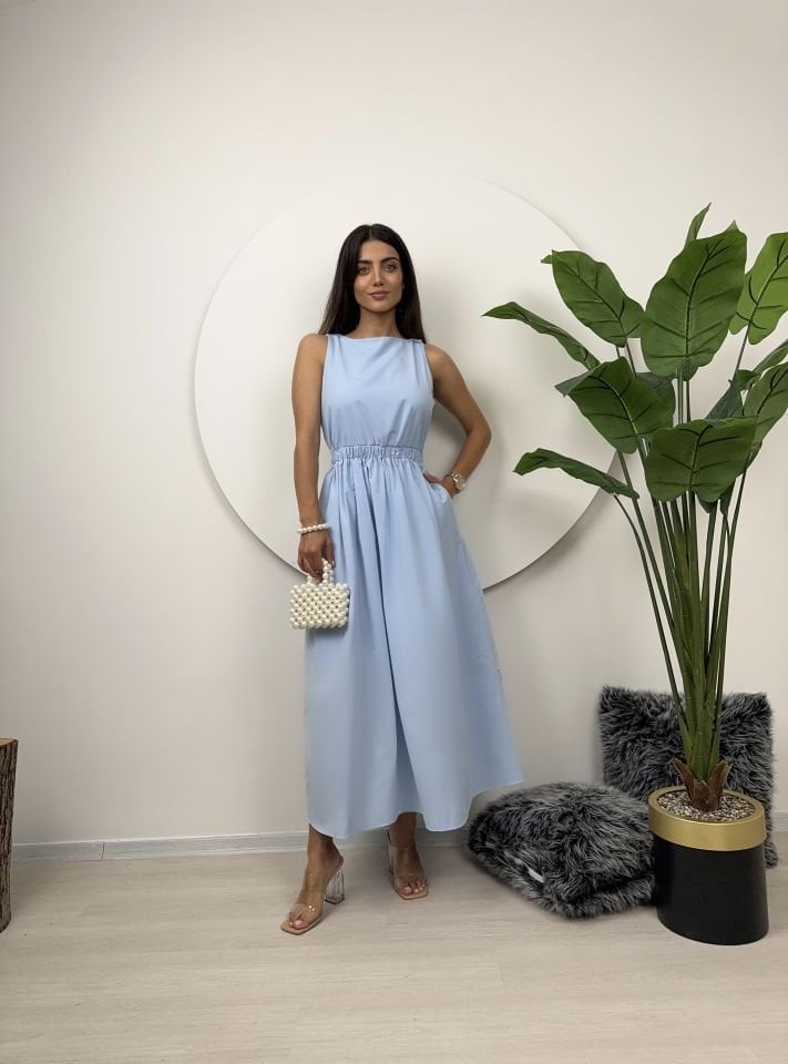 2166 BELİ LASTİKLİ KOLSUZ ELBİSE BEBE MAVİ