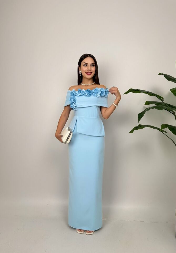 015_3044 KAYIK YAKA GÜLLÜ ELBİSE BLUE - MAVİ