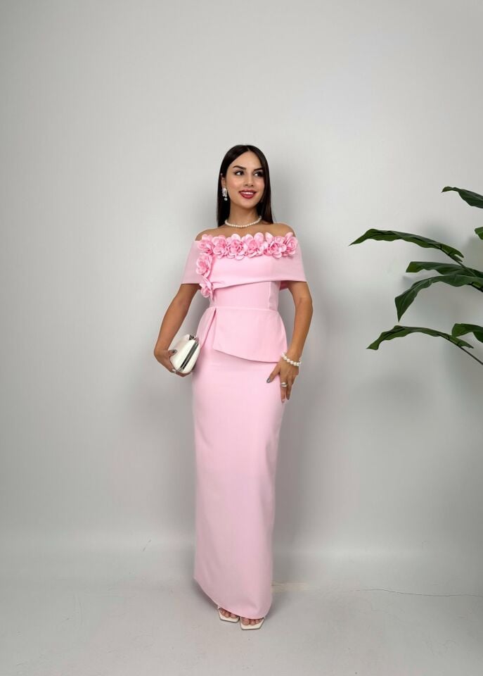 015_3044 KAYIK YAKA GÜLLÜ ELBİSE PİNK - PEMBE