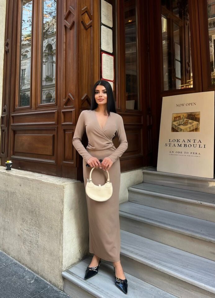 3058 ÖNÜ PİLELİ ELBİSE MİNK - VİZON