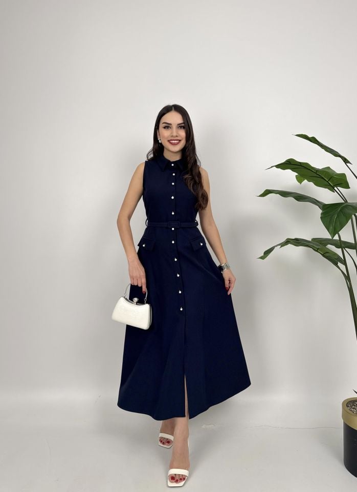 013_4001 İNCİ DÜĞMELİ KEMERLİ KOLSUZ UZUN ELBİSE NAVY BLUE - LACİVERT