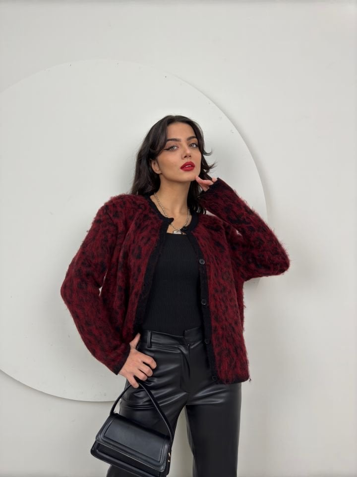5017 LEOPAR DESEN TRİKO HIRKA BORDO