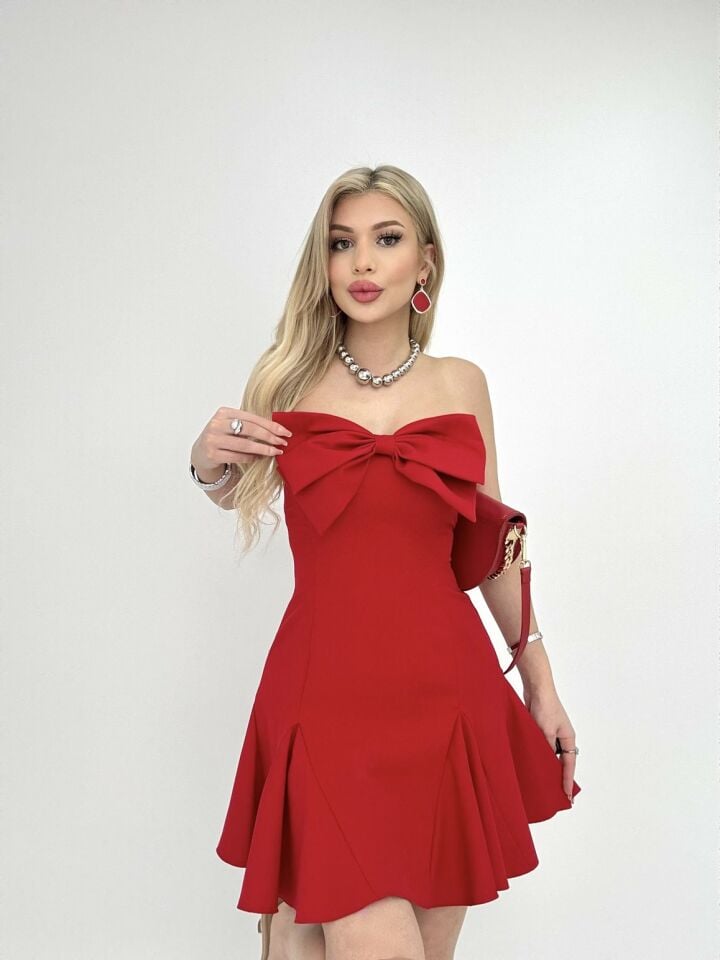 028_4013 ÖN FİYONK ARKA GİPELİ KISA ELBİSE RED - KIRMIZI