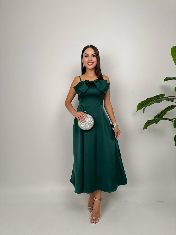 032_4015 ÖN KURDELA MİDİ ELBİSE EMERALD GREEN - ZÜMRÜT YEŞİLİ
