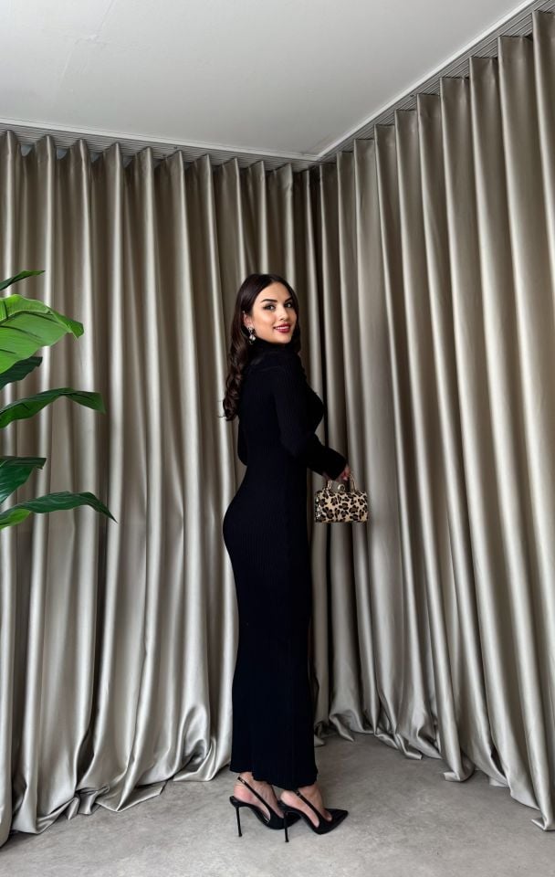 5029 BOĞAZ FERMUARLI İNCE FİTTİLLİ UZUN TRİKO ELBİSE BLACK - SİYAH