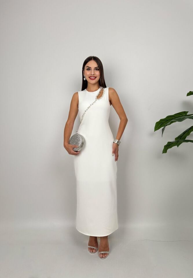 019_3048 OMUZ DEKOLTELİ ELBİSE WHİTE - BEYAZ