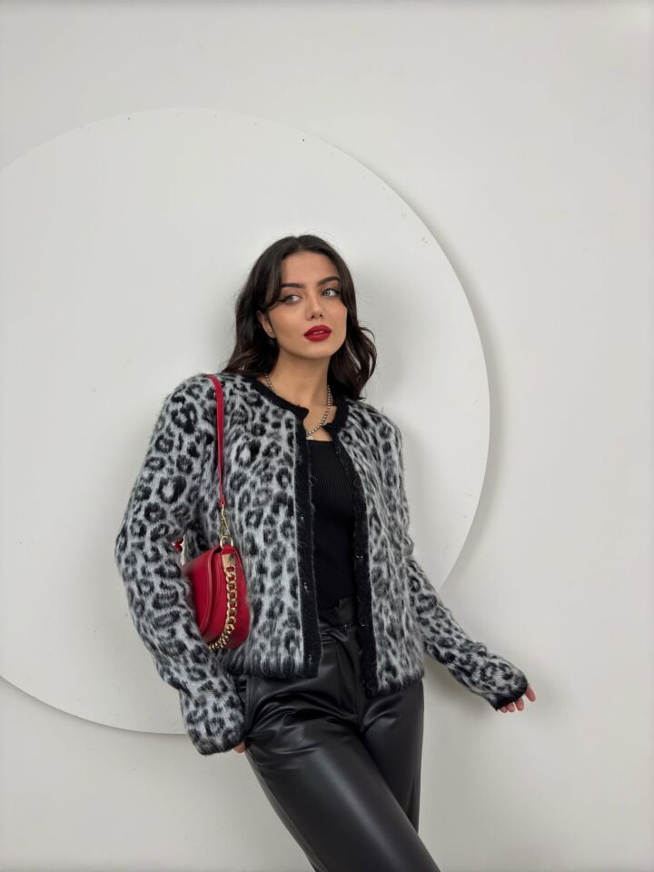 046_5017 LEOPAR DESEN TRİKO HIRKA GRAY - GRİ