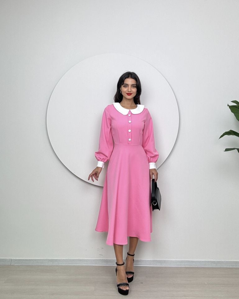 1001 MİDİ BEBE YAKA ELBİSE PEMBE